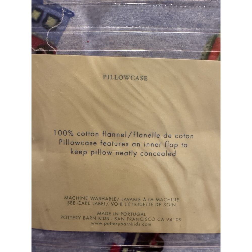 Pottery Barn Kids Train Junction Pillowcase Blue Cotton Flannel Standard Sz Nip - Picture 4 of 4